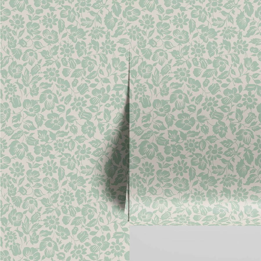"Piglet in Bed Pistachio Meadow Floral Wallpaper – Botanical Peel and Stick Wallpaper for Bedroom & Living Room"