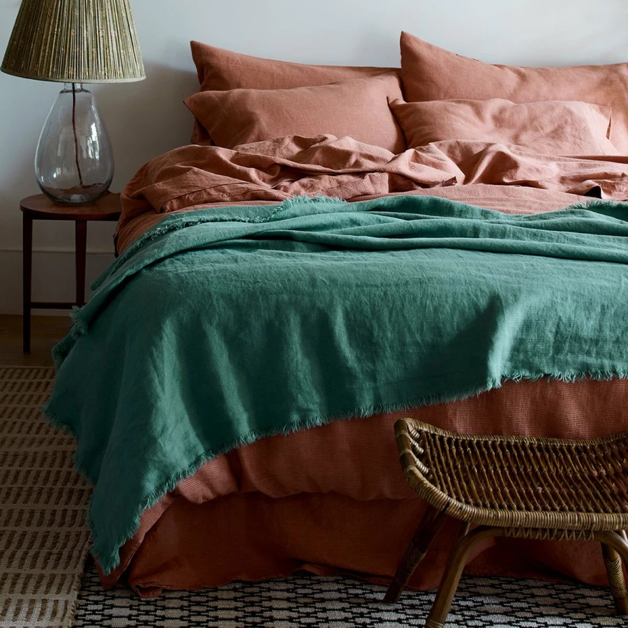 Piglet in Bed Green Linen Crinkle Throw Blanket - Organic & Sustainable Tranquil Textured Bedspread