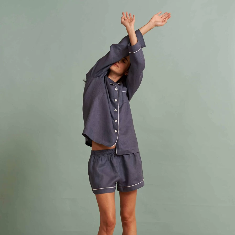Piglet in Bed Women's Blueberry Linen Pajama Shorts Set - Soft Sleepwear & Lounge Shorts