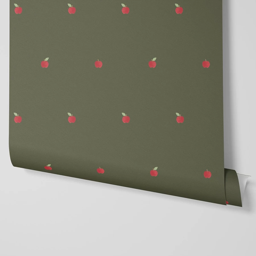 "Piglet in Bed Moss Apples Wallpaper – Botanical Green Peel and Stick Wallpaper"