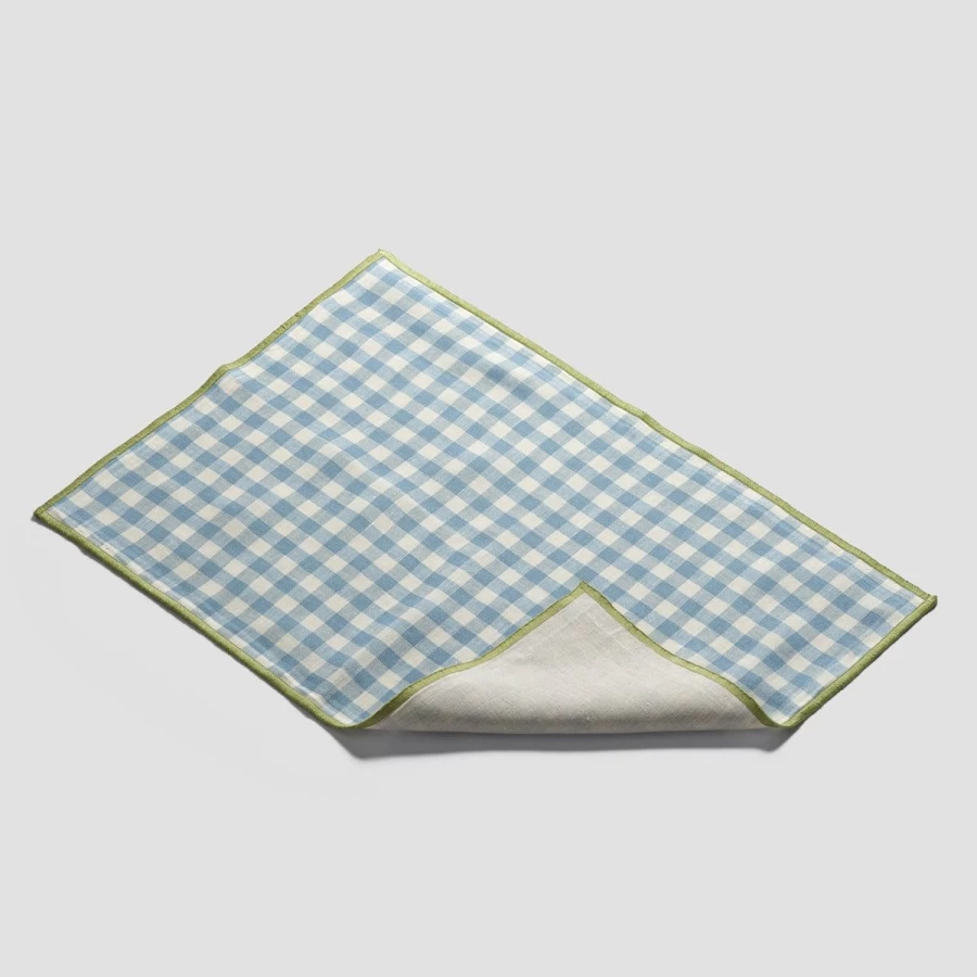 "Piglet in Bed Blue Gingham Linen Placemats - Set of 4 Reversible Dining Table Mats"