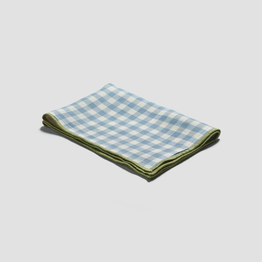 "Piglet in Bed Blue Gingham Linen Placemats - Set of 4 Reversible Dining Table Mats"