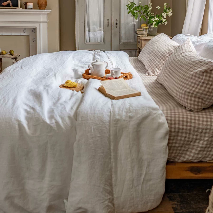 Piglet in Bed Mushroom Gingham Linen Fitted Sheet - Organic Cotton Blend, Double/King Size, Wrinkle-Resistant