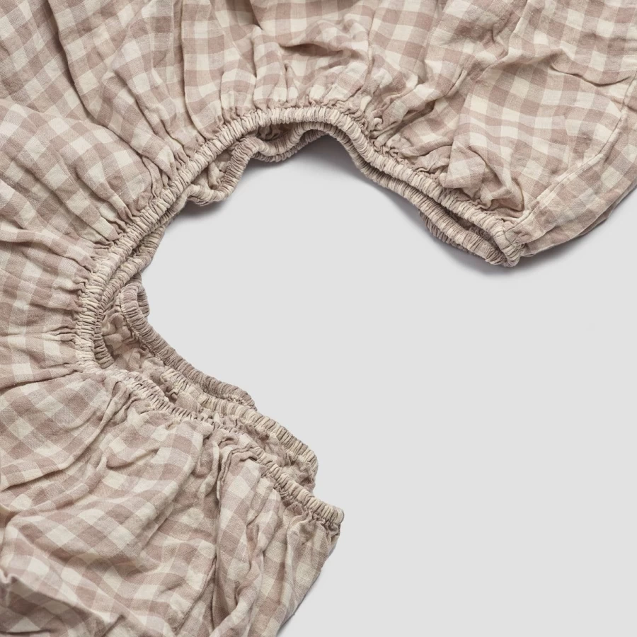 Piglet in Bed Mushroom Gingham Linen Fitted Sheet - Organic Cotton Blend, Double/King Size, Wrinkle-Resistant