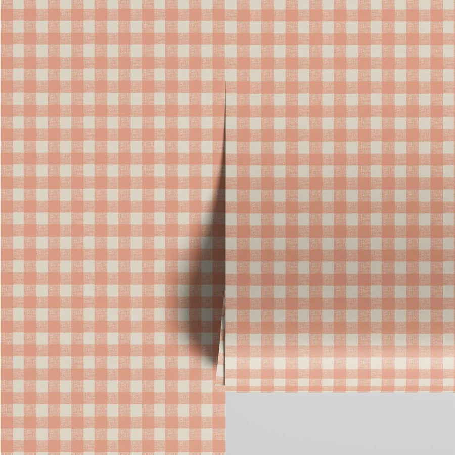 "Piglet in Bed Peach Gingham Wallpaper – Vintage-Inspired Floral Peel & Stick Wallpaper"