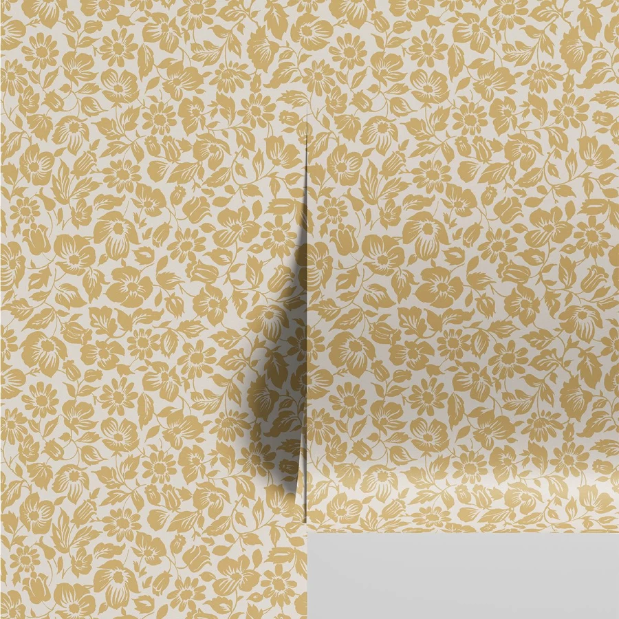 "Piglet in Bed Butterscotch Meadow Floral Wallpaper – Vintage Botanical Peel and Stick Wallpaper"