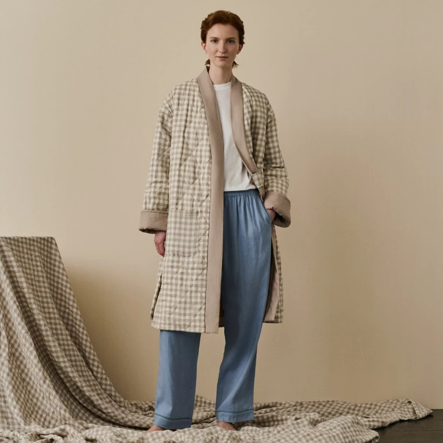 Piglet in Bed Mushroom Gingham Linen Housecoat - Soft Organic Cotton Robe for Women