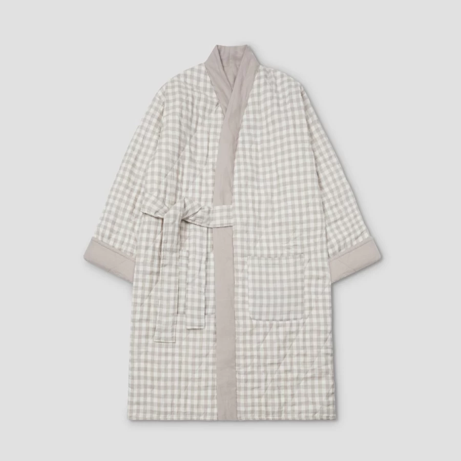 Piglet in Bed Mushroom Gingham Linen Housecoat - Soft Organic Cotton Robe for Women