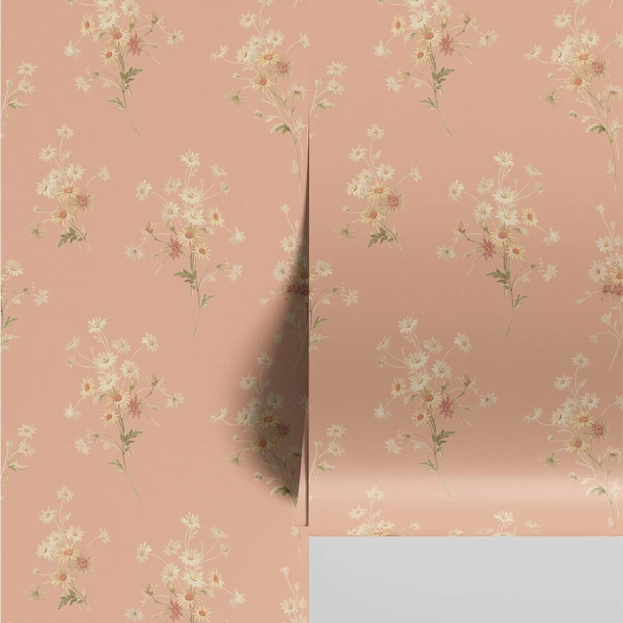 "Piglet in Bed Apricot Daisy Floral Wallpaper – Peel and Stick Removable Decor"
