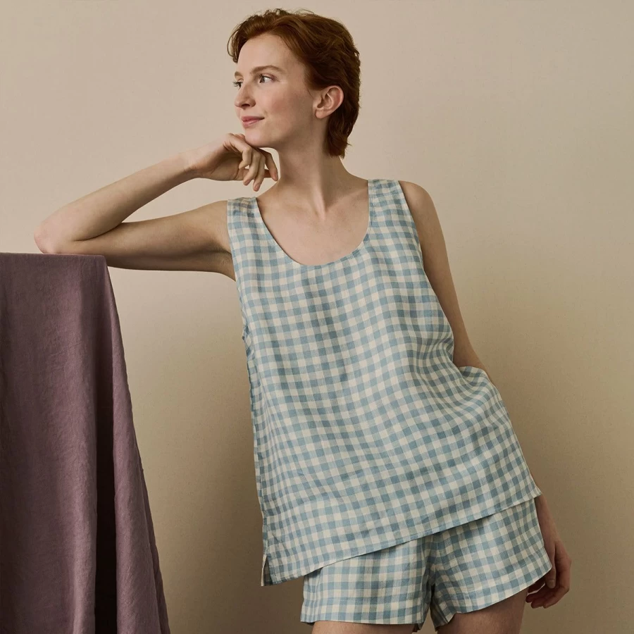 "Piglet in Bed Blue Gingham Linen Cami Set - Soft & Warm Summer Pajamas"