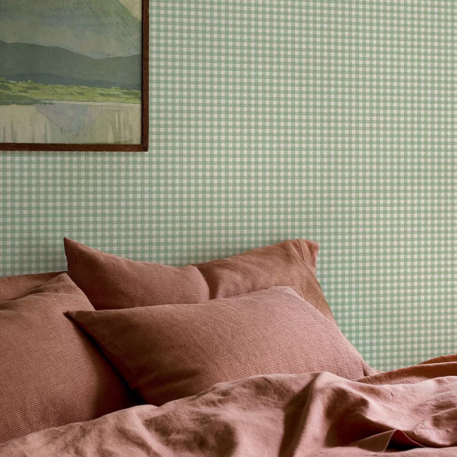 "Piglet in Bed Winter Sage Gingham Wallpaper – Classic Checkered Pattern Peel & Stick Wallpaper"