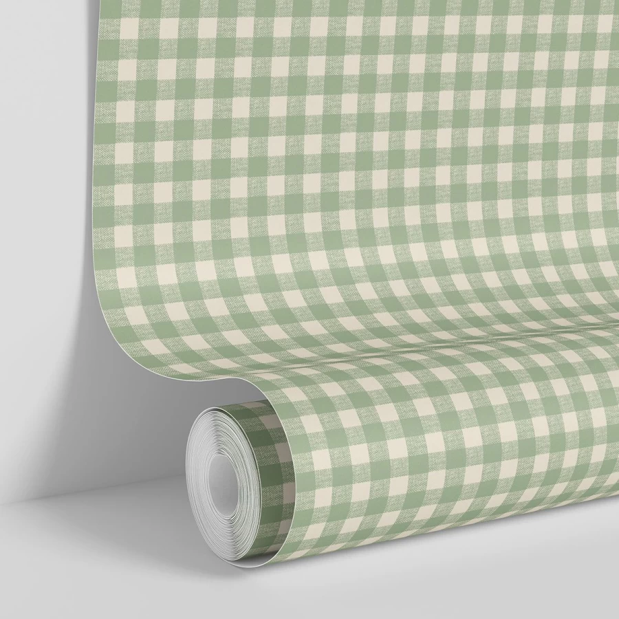 "Piglet in Bed Winter Sage Gingham Wallpaper – Classic Checkered Pattern Peel & Stick Wallpaper"