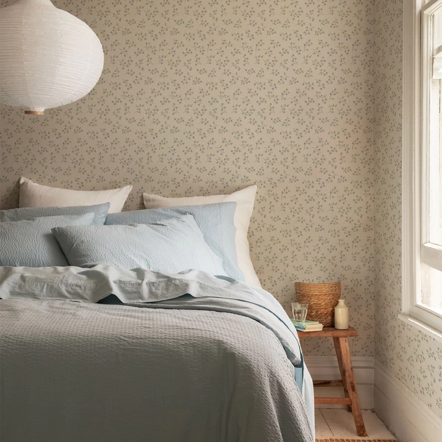 "Piglet in Bed Cream Floral Spring Sprig Wallpaper – Botanical Peel and Stick Wallpaper"