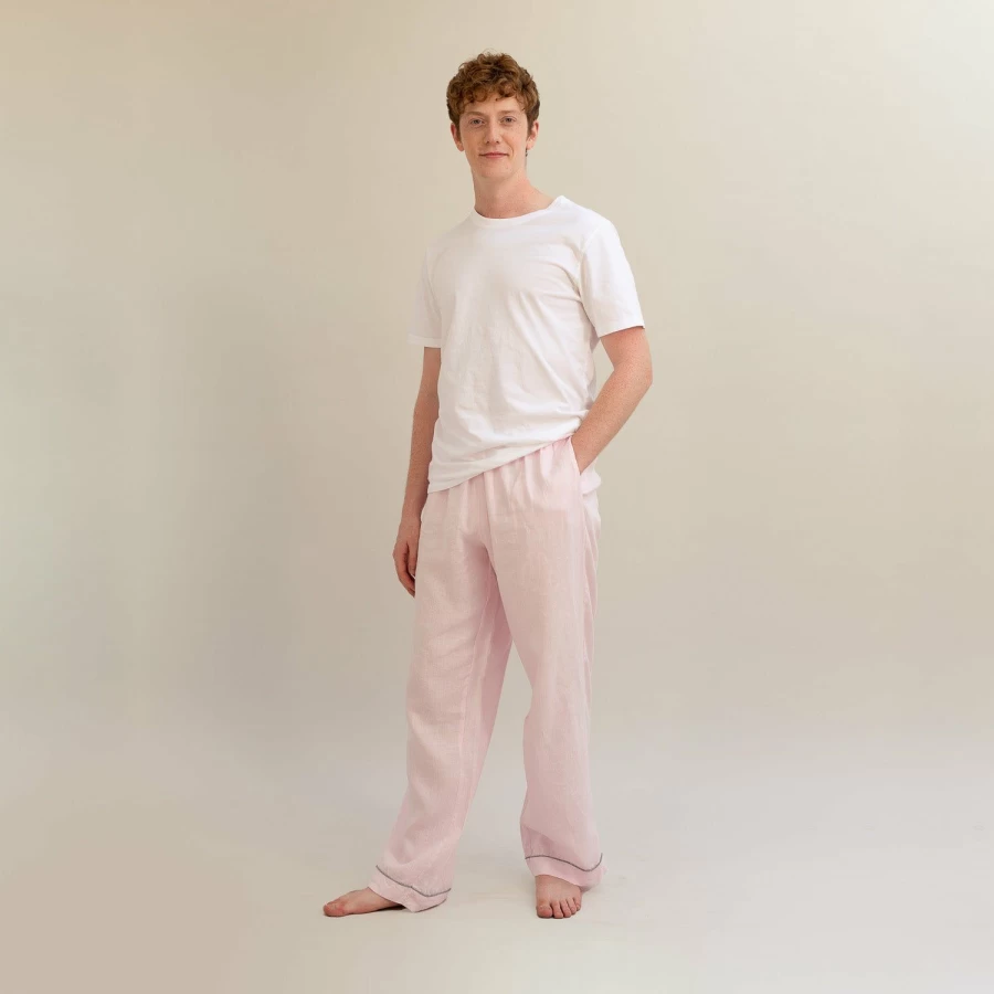 Piglet in Bed Men's Blush Pink Linen Pajama Pants - Soft Relaxed Sleep Trousers