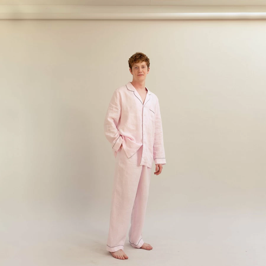 Piglet in Bed Men's Blush Pink Linen Pajama Pants - Soft Relaxed Sleep Trousers