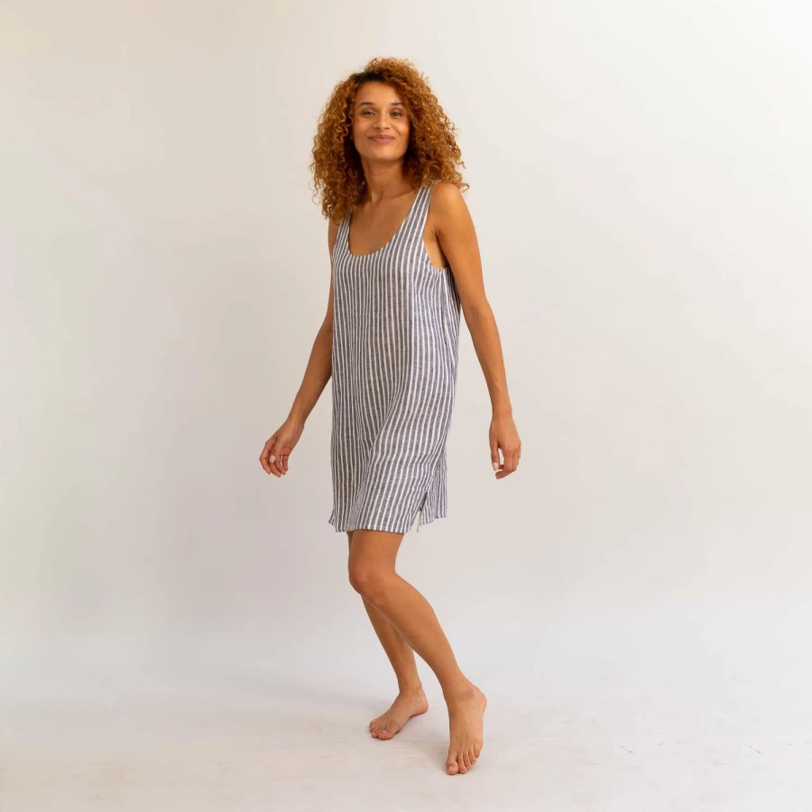 Piglet in Bed Women's Midnight Blue Striped Linen Nightdress - Relaxing Sleepwear