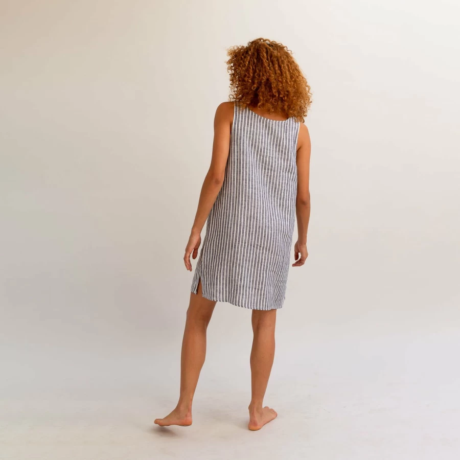 Piglet in Bed Women's Midnight Blue Striped Linen Nightdress - Relaxing Sleepwear