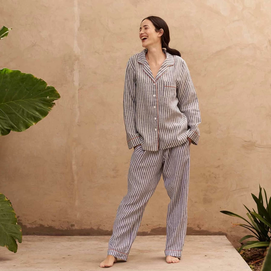 Piglet in Bed Midnight Stripe Linen Pajama Set - Women's Relaxed Sleepwear