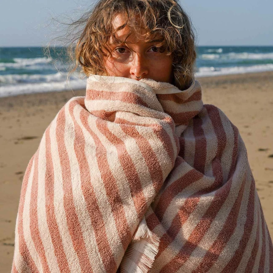 Piglet in Bed Sand Shell Stripe 100% Cotton Bath Towel - Large Luxury Beach Towel