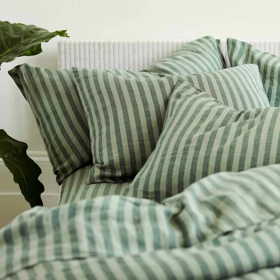 Piglet in Bed Pine Green & White Striped Linen Pillowcase Pair - Organic European Flax