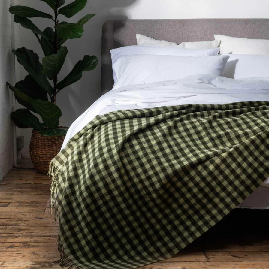 Piglet in Bed Botanical Green Gingham Wool Blanket – Organic Cotton Checkered Throw for Cozy Home Decor