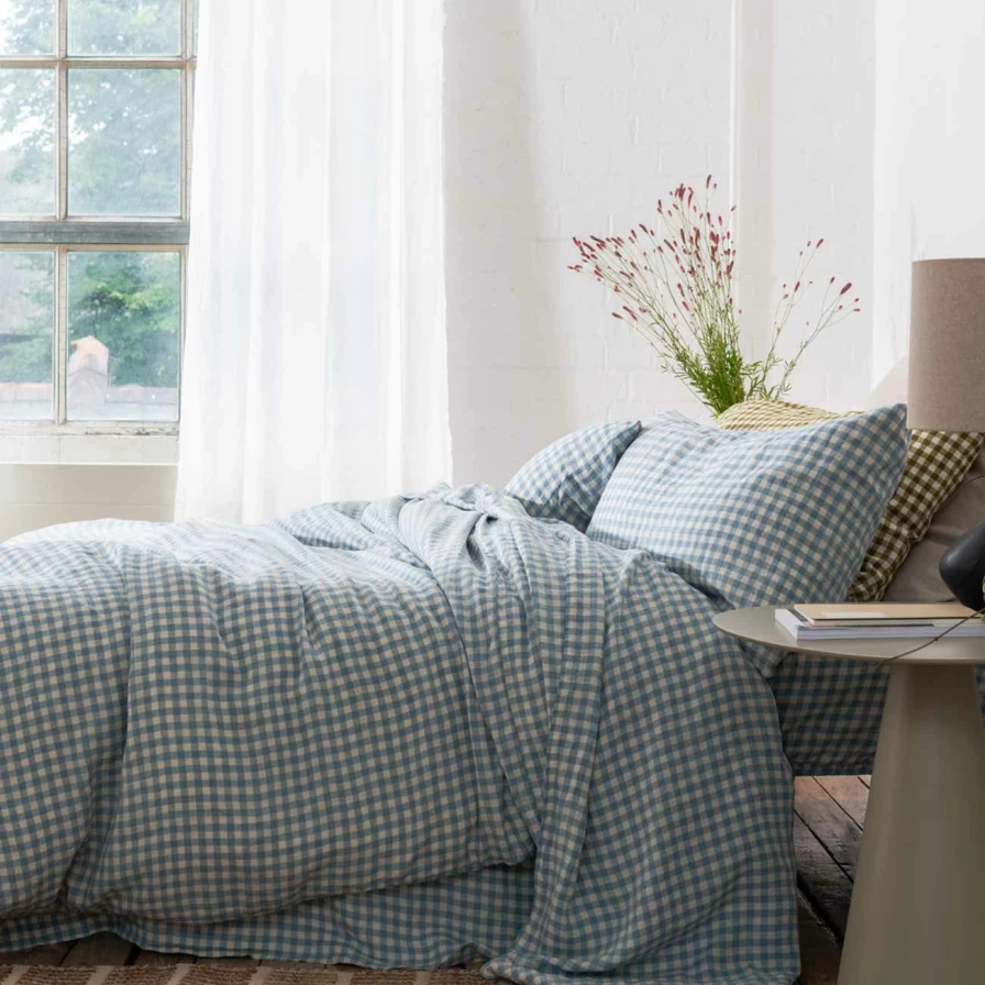 Piglet in Bed Blue Gingham Linen Duvet Cover Set - Soft & Breathable Washed Linen Bedding - Cozy Warm Textured Weave