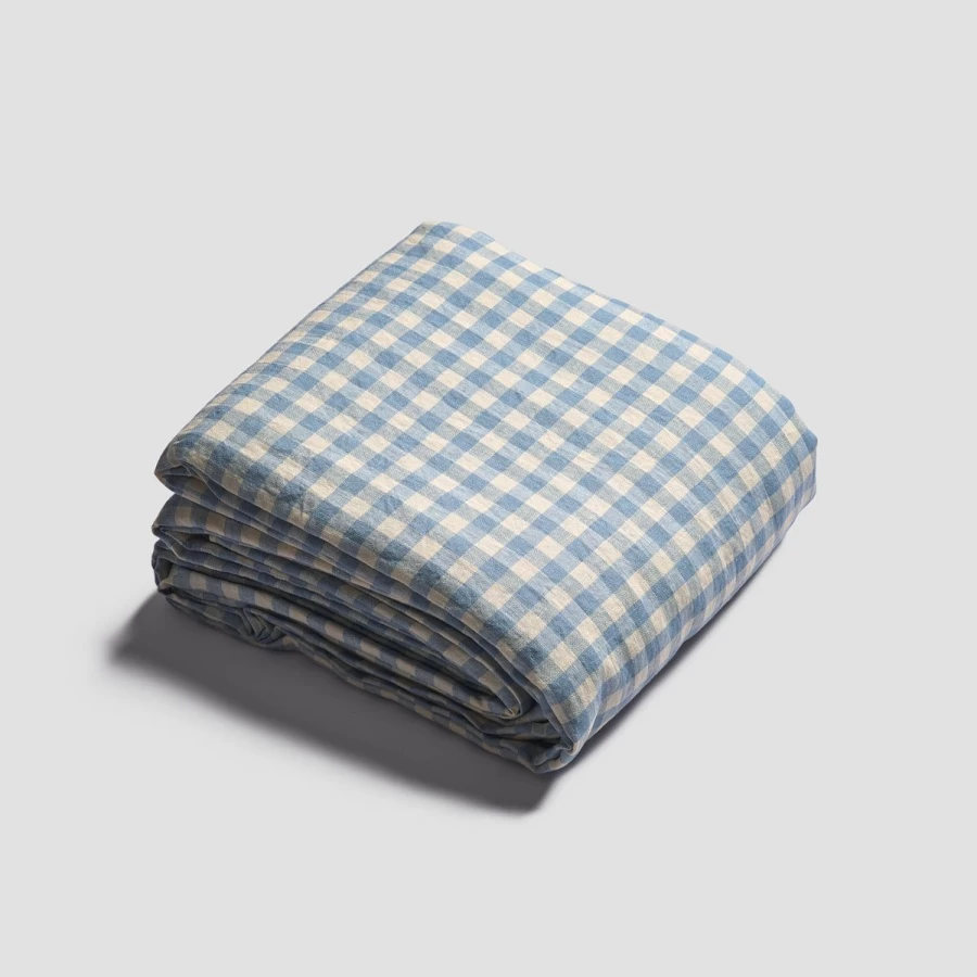 Piglet in Bed Blue Gingham Linen Duvet Cover Set - Soft & Breathable Washed Linen Bedding - Cozy Warm Textured Weave