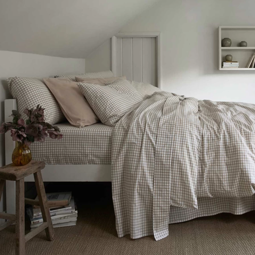 Piglet in Bed Cafe Au Lait Small Gingham Cotton Flat Sheet – Checkered Pattern Bed Linen