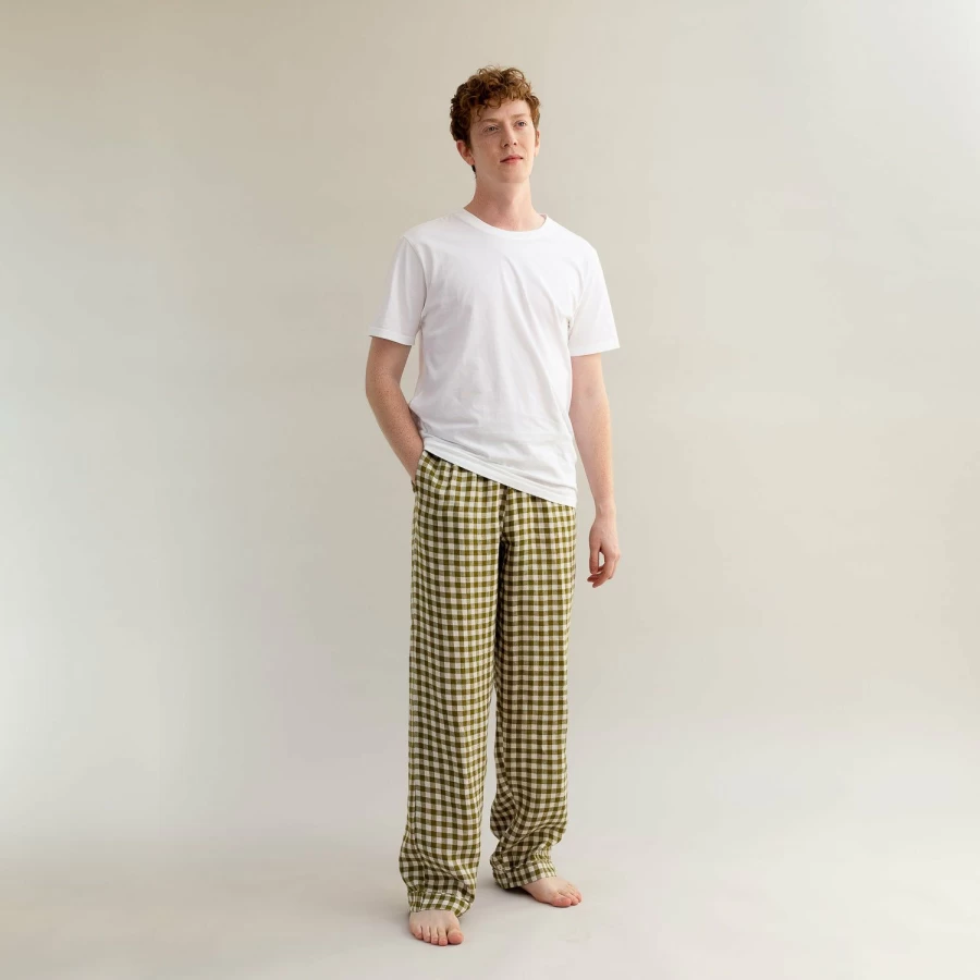 Piglet in Bed Men's Botanical Green Gingham Linen Pajama Pants - Comfortable Sleepwear
