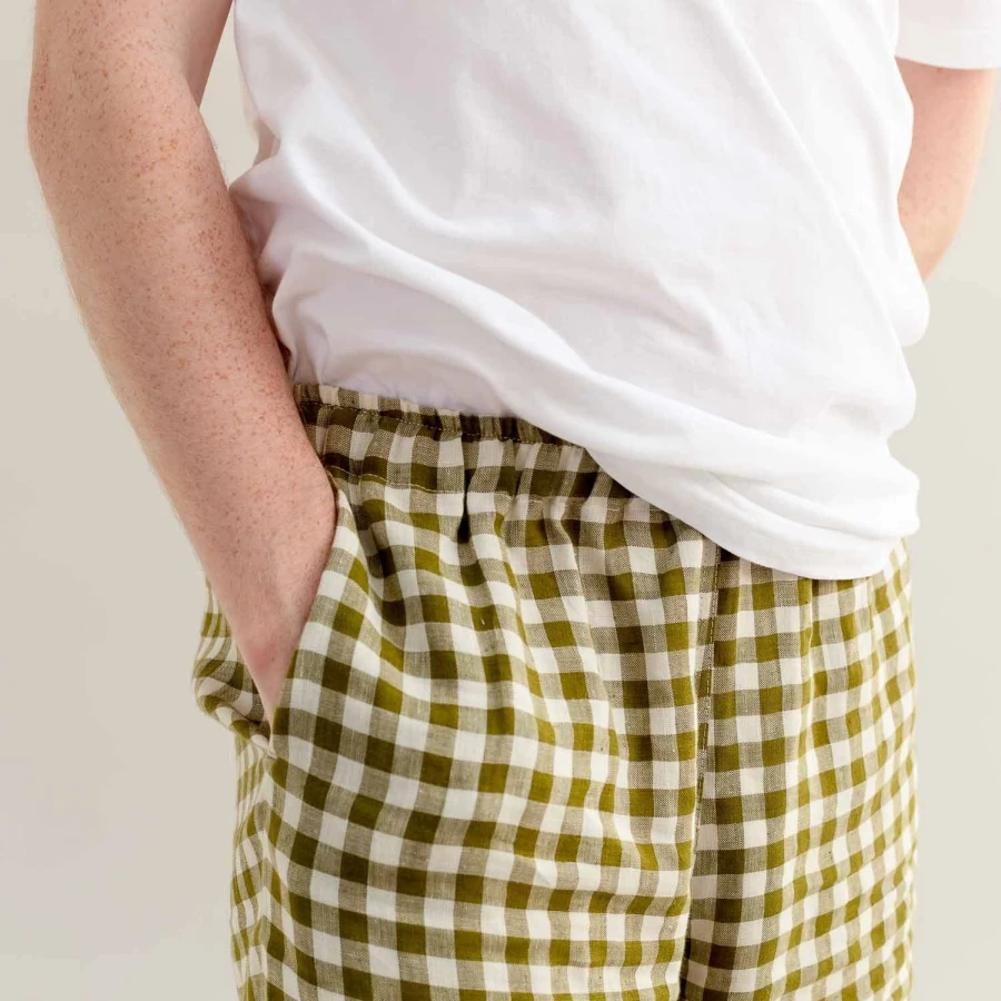 Piglet in Bed Men's Botanical Green Gingham Linen Pajama Pants - Comfortable Sleepwear