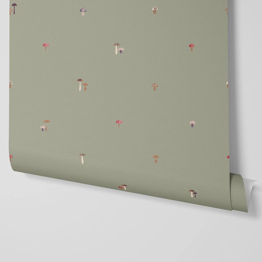 "Piglet in Bed Lichen Green Mushroom Wallpaper – Botanical Peel and Stick Wallpaper"