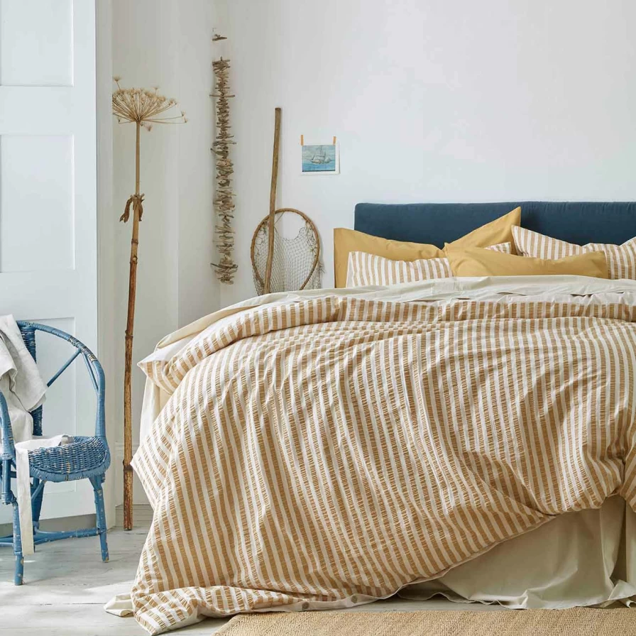 Piglet in Bed Ochre Striped Seersucker Cotton Duvet Cover Set - Soft & Breathable Bedding