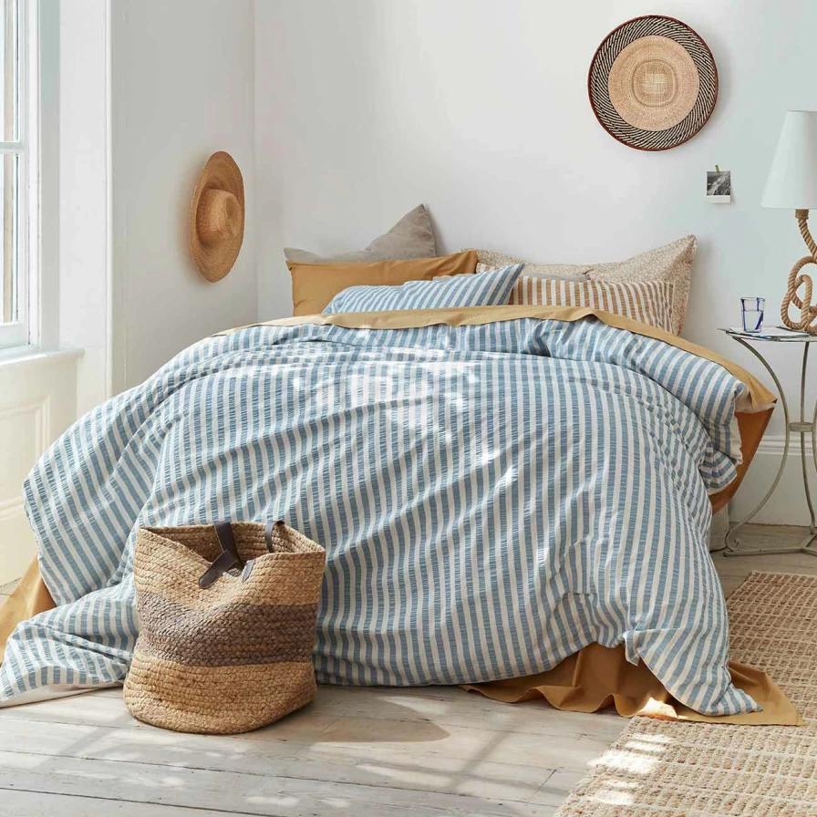 Piglet in Bed Blue Striped Seersucker Duvet Cover - Soft Cotton Bedding for a Cozy Sleep