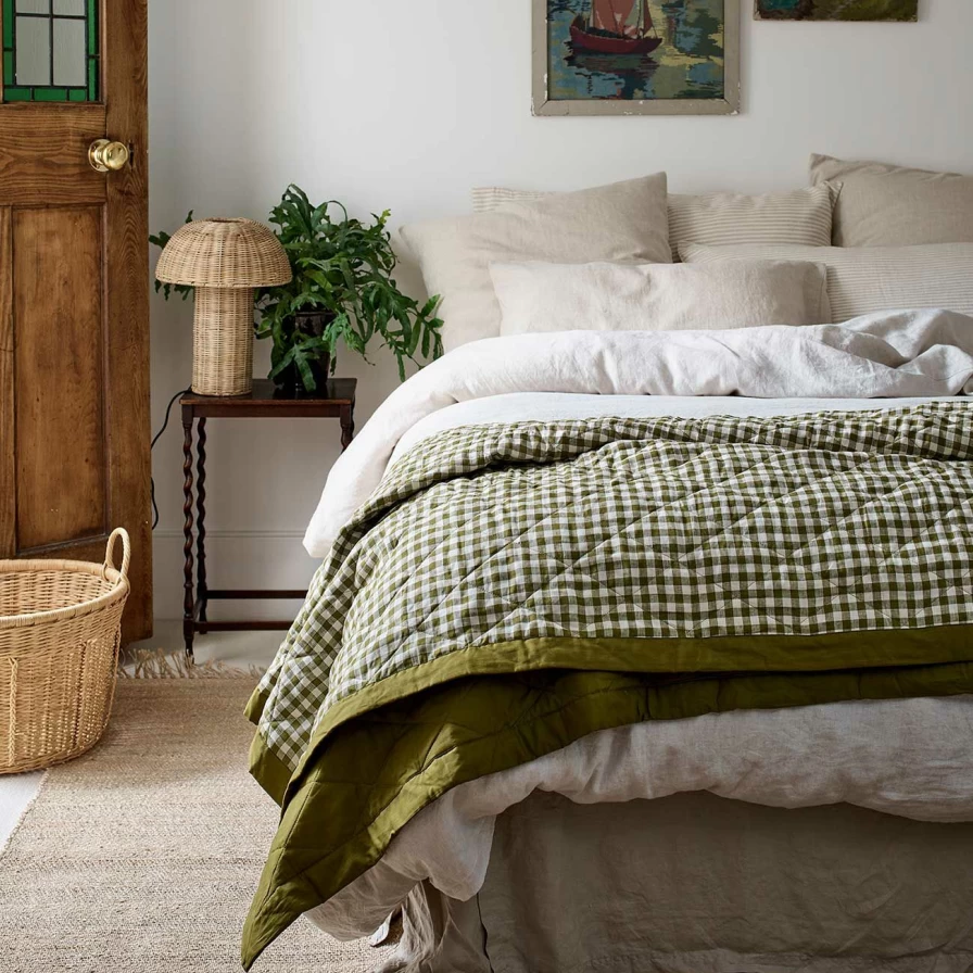 Piglet in Bed Botanical Green Gingham Linen Quilt - Organic Cotton Bedding, Sustainable Home Decor