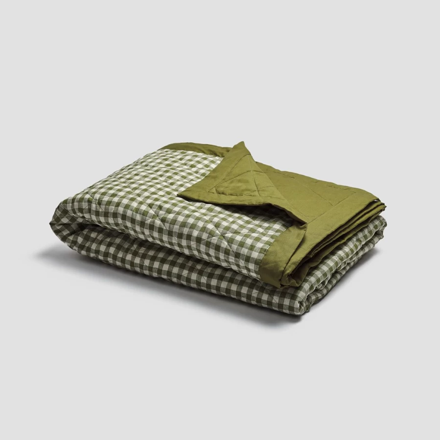 Piglet in Bed Botanical Green Gingham Linen Quilt - Organic Cotton Bedding, Sustainable Home Decor