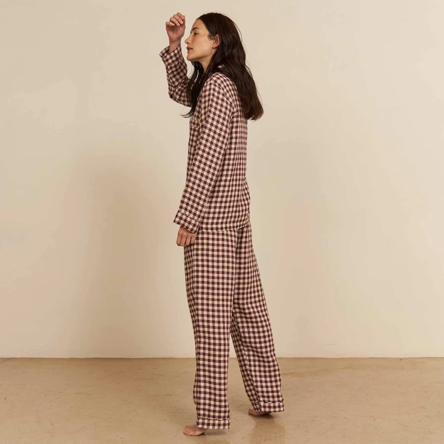Piglet in Bed Berry Gingham Checkered Cotton Pajama Pants for Women