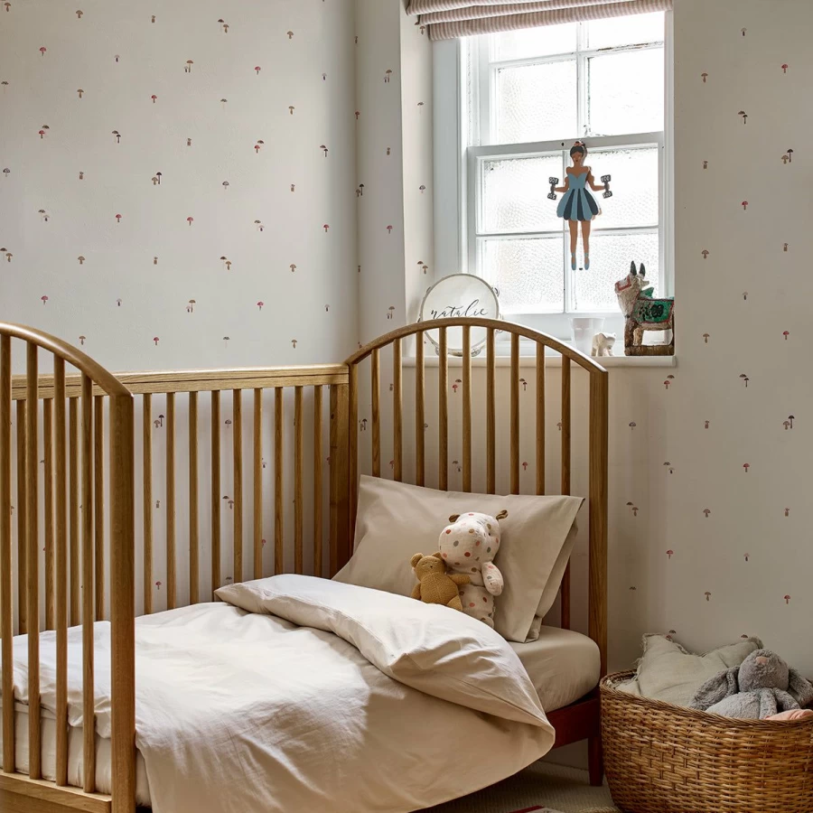 "Piglet in Bed Cream Mushrooms Wallpaper – Botanical Peel and Stick Wallpaper"