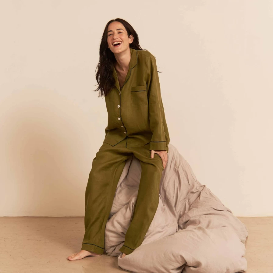 Piglet in Bed Moss Green Linen Pyjama Pants Set - Comfortable Sleepwear