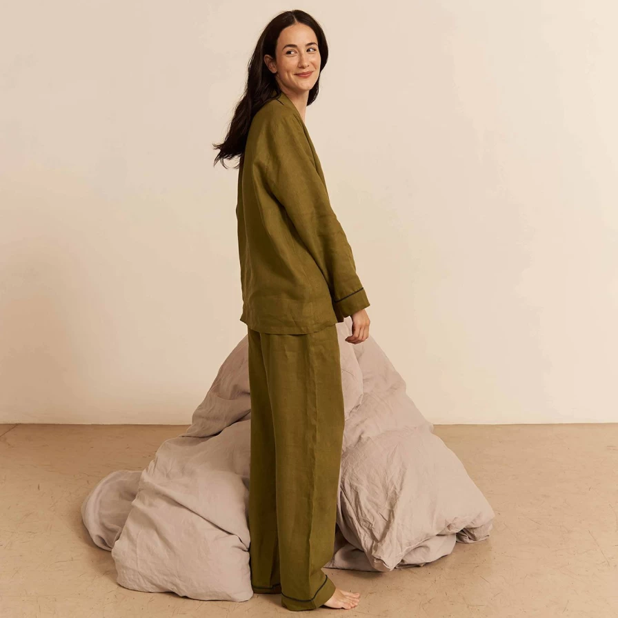 Piglet in Bed Moss Green Linen Pyjama Pants Set - Comfortable Sleepwear