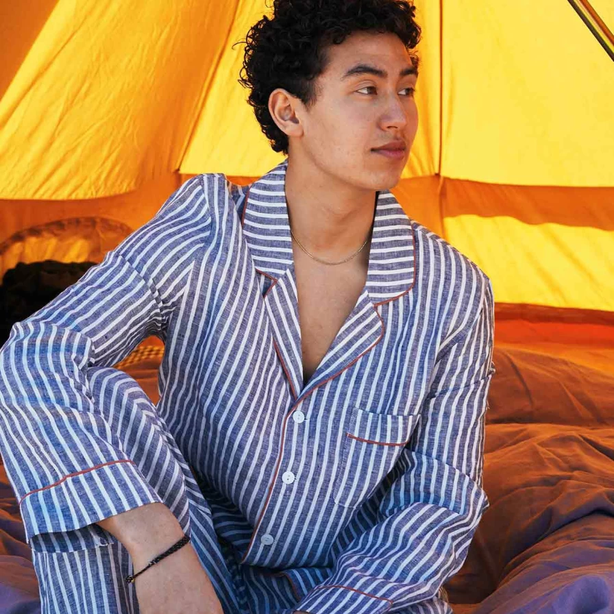Piglet in Bed Men's Midnight Blue Striped Linen Pyjama Shirt - Relaxed Sleep Top