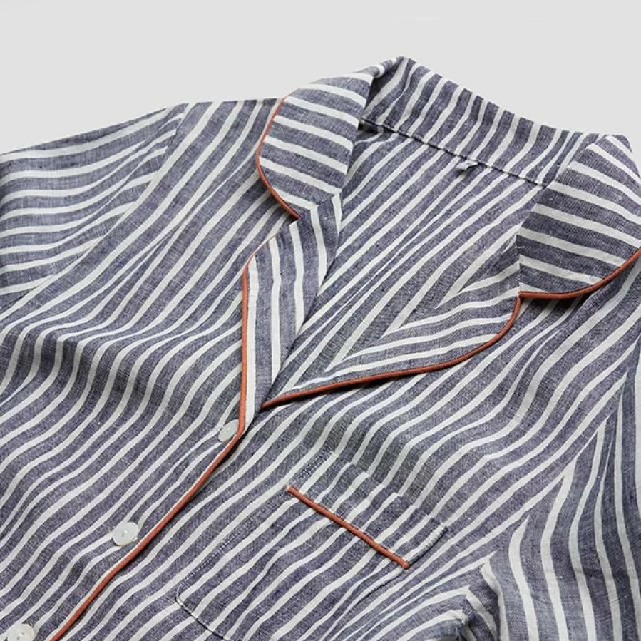 Piglet in Bed Men's Midnight Blue Striped Linen Pyjama Shirt - Relaxed Sleep Top