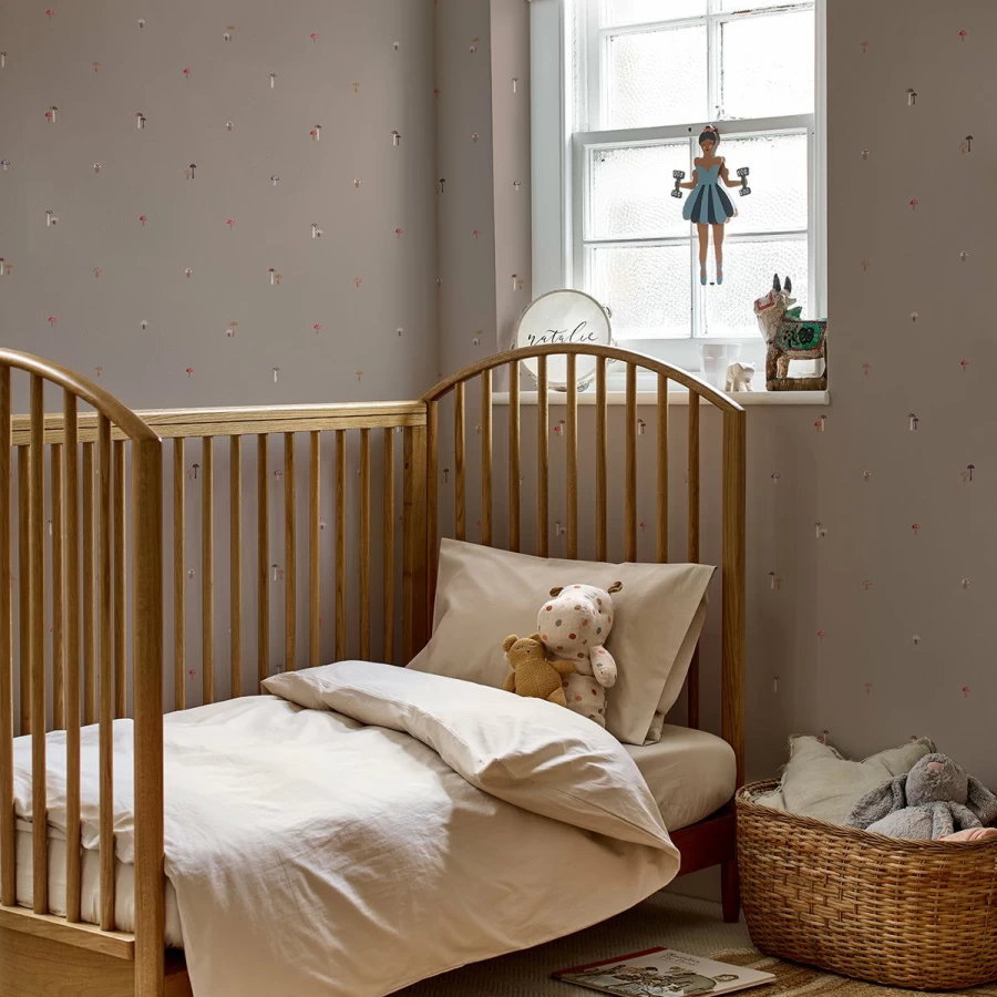 Piglet in Bed Grey Mushroom Botanical Wallpaper – Nature-Inspired Peel and Stick Decor
