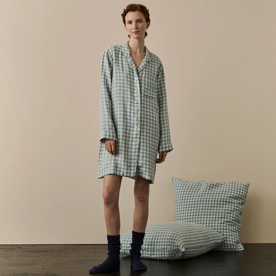 "Piglet in Bed Blue Gingham Linen Nightshirt - Soft & Cozy Sleepwear"