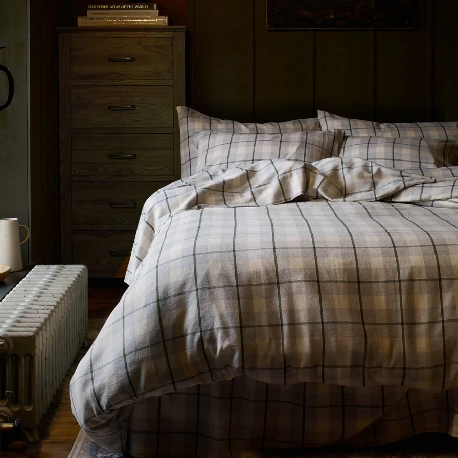 Piglet in Bed Fern Green Check Brushed Cotton Duvet Cover Set - Soft Organic Washed Cotton Bedding
