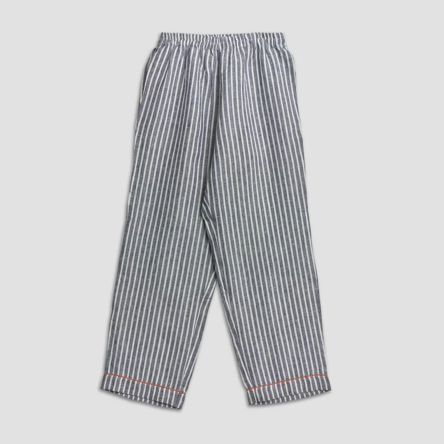 Piglet in Bed Men's Midnight Blue Striped Linen Pajama Pants for Comfortable Sleep
