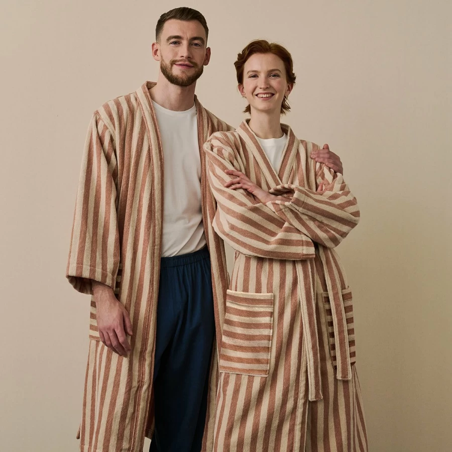 Piglet in Bed Sand Shell Pembroke Stripe 100% Cotton Robe for Women & Men