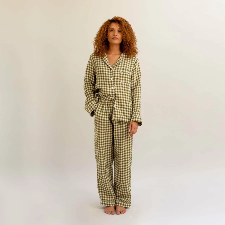 Piglet in Bed Women's Botanical Green Gingham Linen Pajama Set - Comfortable Sleepwear Two-Piece