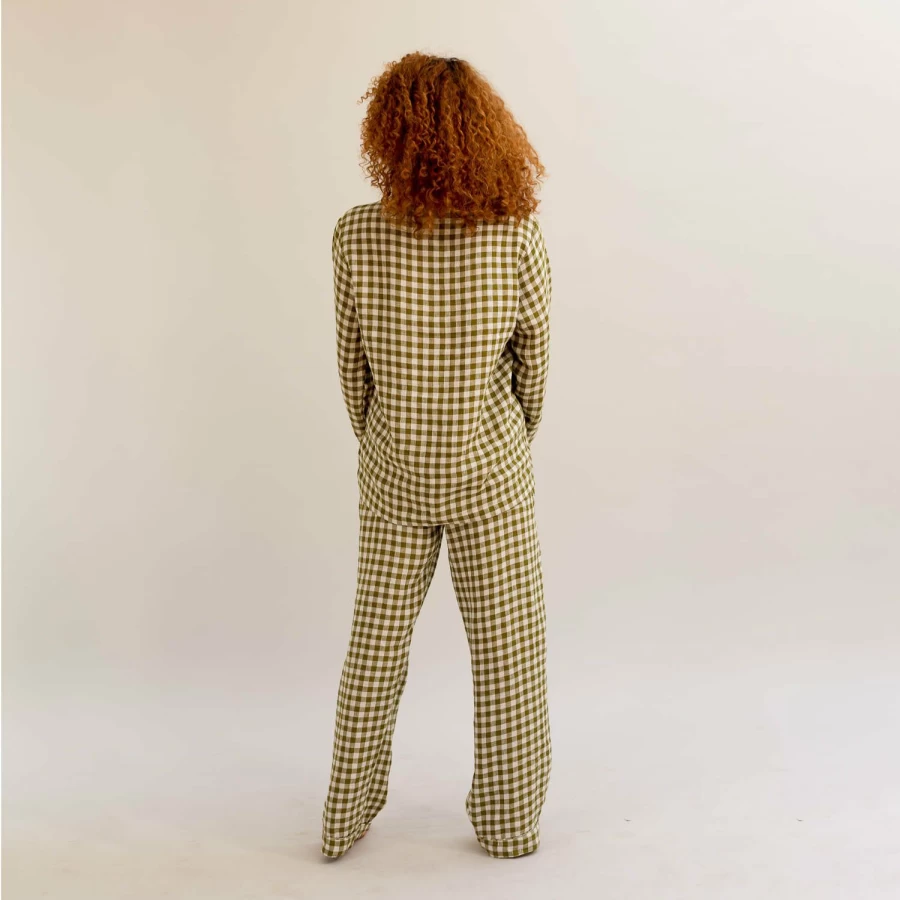 Piglet in Bed Women's Botanical Green Gingham Linen Pajama Set - Comfortable Sleepwear Two-Piece