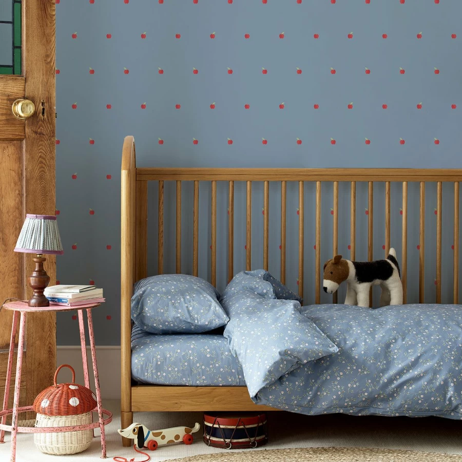 "Piglet in Bed Dusty Blue Apples Peel and Stick Wallpaper - Removable Vintage Floral Fruit Pattern"