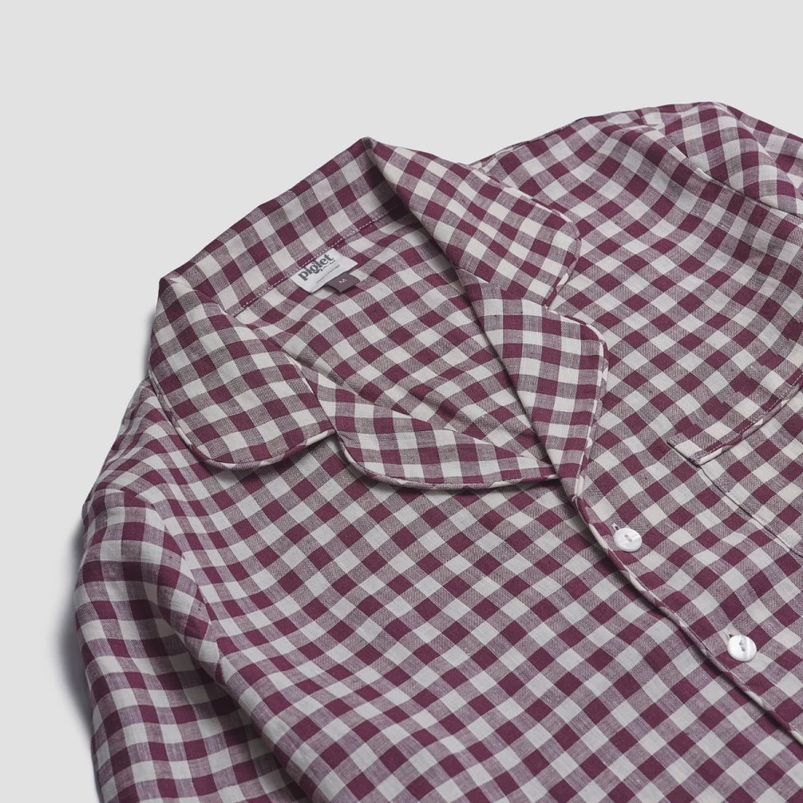 Piglet in Bed Men's Berry Checkered Flannel Pyjama Shirt - Soft Cotton Sleepwear